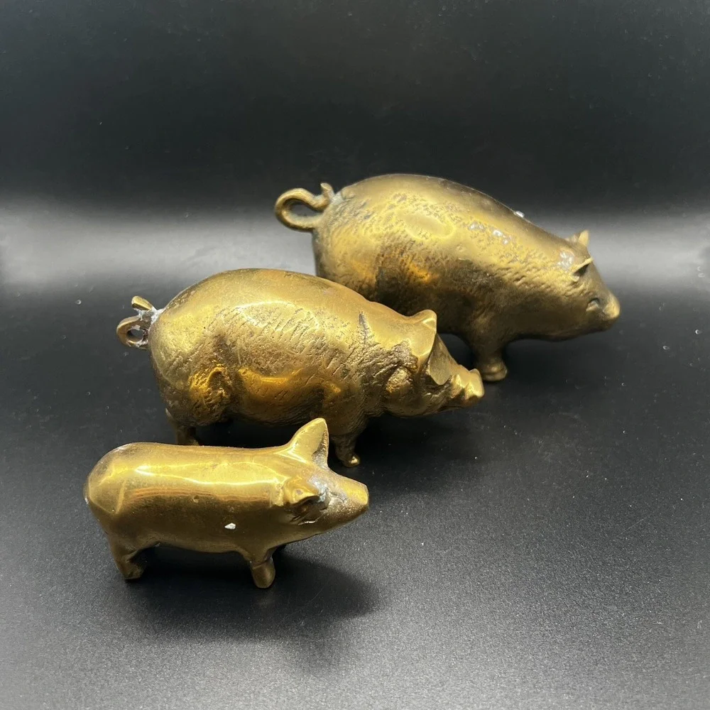 3 Vintage Solid Brass Pig Family Figures Ornaments Three Little Pigs Retro Heavy